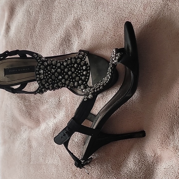 Sz 7 Zara black satin with black jewels open toed heels - Picture 3 of 4